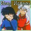 Inuyasha looking over Kagome's shoulder, 'Nosy Hanyou' above them