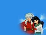 Kagome leaning on Inuyasha against a blue background